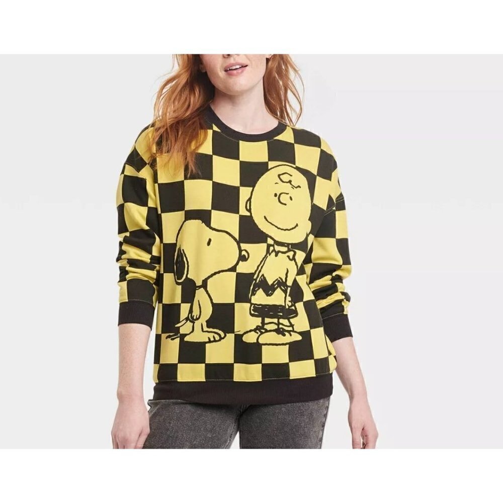 Peanuts Snoopy Charlie Brown Cozy Graphic Sweatshirt Yellow Check Sizes M/ L - Picture 2 of 10